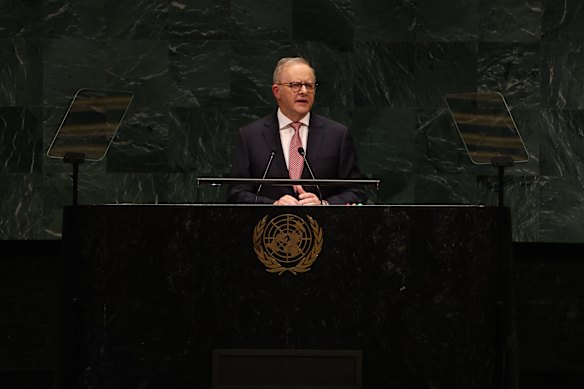 Prime Minister Anthony Albanese addresses the General Assembly at the UN Headquarters in New York City.