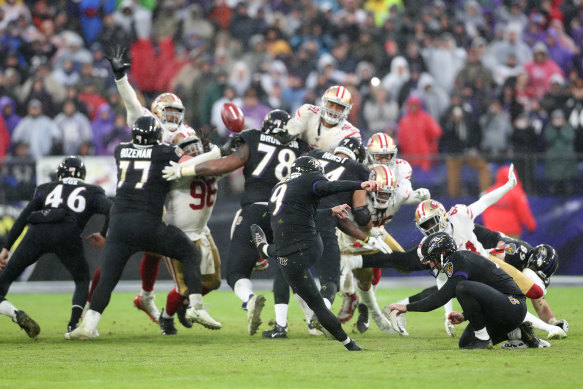 Baltimore kicker Justin Tucker kicks the game winning field goal against the San Francisco 49ers. 