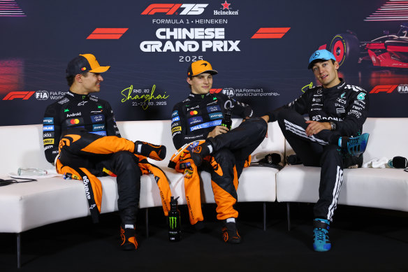 Lando Norris, Oscar Piastri, and Mercedes’ George Russell in their post-race press conference in Shanghai.