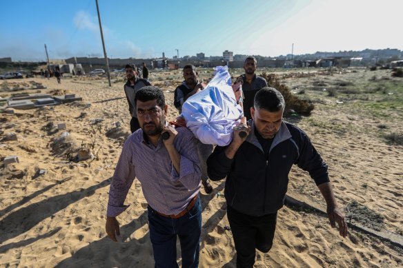 Relatives and friends attend the funeral of Muhammad Abdullah Hasaballah, 22, killed by air strikes in Khan Yunis, Gaza.