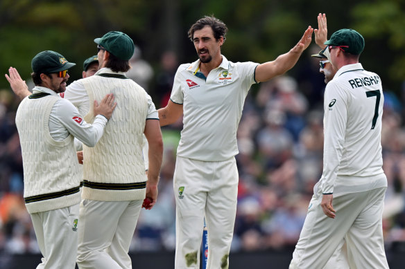 Mitchell  Starc celebrates a wicket.