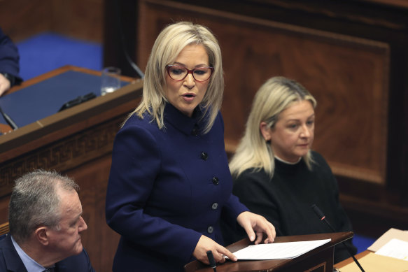 Sinn Féin vice-president Michelle O’Neill speaks after being appointed Northern Ireland’s First Minister, during proceedings of the Northern Ireland Assembly, in Belfast, on Saturday. 