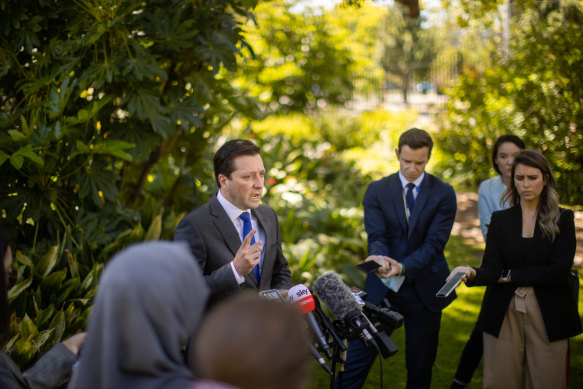 Opposition Leader Matthew Guy at a press conference after Smith’s crash.