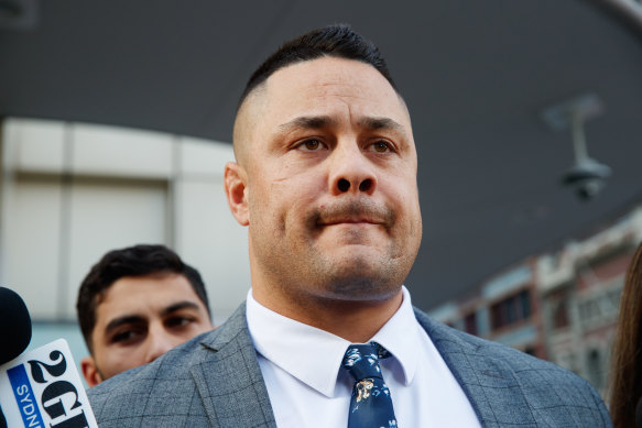 Jarryd Hayne leaves court on Tuesday after being convicted of sexual assault for a second time.