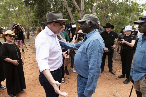 Prime Minister Anthony Albanese greets Yolngu elder Djawa Yunupingu at the Garma Festival on Friday, August 4.