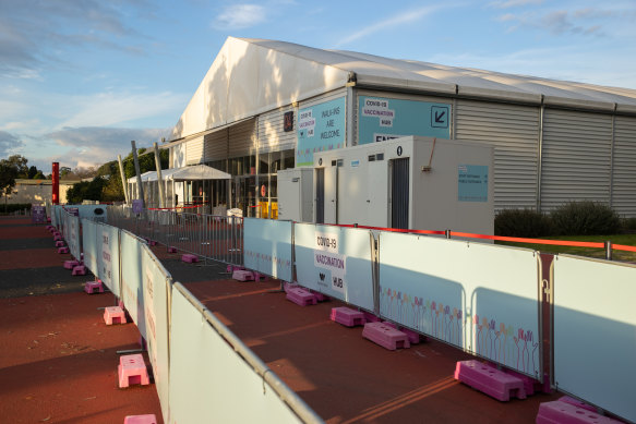 There were no queues at the vaccination hub at the Royal Melbourne Showgrounds on Monday.