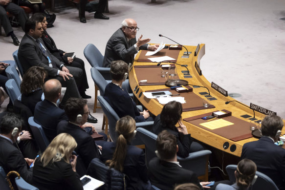 Palestinian ambassador to the United Nations Riyad Mansour speaks during a Security Council meeting at United Nations headquarters.