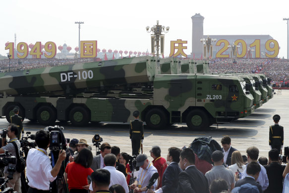 Military vehicles form part of an honour guard to mark the 70th anniversary of communist China.