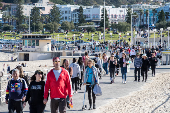 A busy day at Bondi along the promenade and grassy areas.