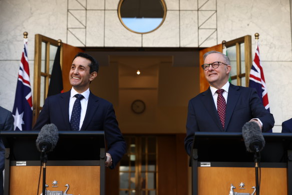 Premier David Crisafulli and Prime Minister Anthony Albanese announce the new school funding deal in Canberra.