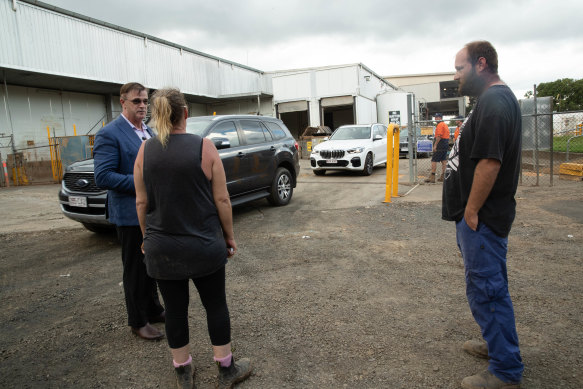 Marcus and Leonie Bebb, from South Lismore, are told the Prime Minister has no time to speak with them as Mr Morrison’s car exits the Norco factory gates.