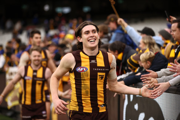 Will Day celebrates the Hawks’ win over the Lions. He is on his way to becoming a Hawks star. 