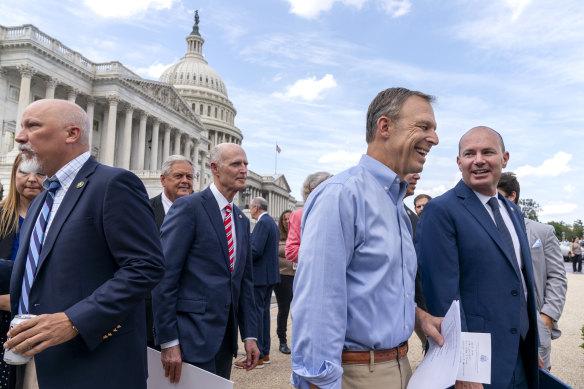 Members of the hard right Freedom Caucus who are challenging Speaker McCarthy on the government funding bill, at a news conference outside the Capitol in Washington.