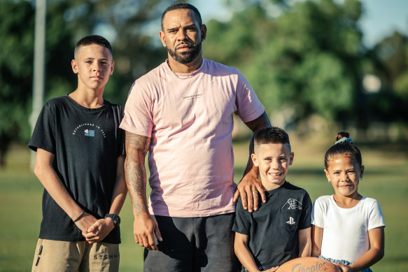 Former West Tamworth Lions player Matthew Nean with children Kobhan (13), Nixhan (8) and Ainslee (6). 