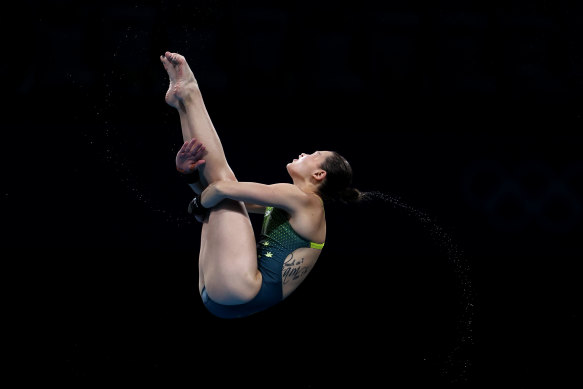 Melissa Wu competes in the women’s 10m platform at the Tokyo Olympics.