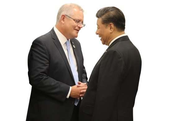 Scott Morrison meets with President Xi Jinping during the G20 in Osaka in 2019.