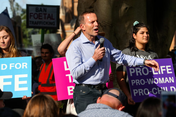 Tony Abbott addresses the protesters at an anti-abortion rally in Hyde Park, Sydney, on Sunday.