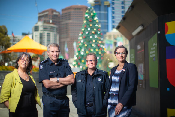 Jacqui Watt, chief executive of No to Violence, Acting Inspector Alasdair Gall, Acting Superintendent from Family Violence Command, Marnie Johnstone, and Tracey Gaudry, chief executive of Respect Victoria.
