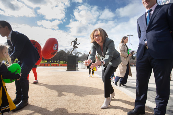 Premier Jacinta Allan announcing free entry for children to round 24 of the AFL season.