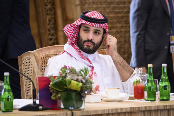 Crown Prince Mohammed bin Salman of Saudi Arabia takes his seat at a working lunch at the G20 Summit, in Bali, Indonesia, this week.