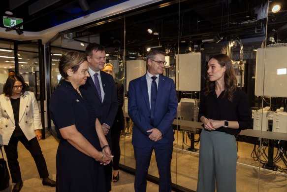 Communications Minister Michelle Rowland; Finnish Minister for Development Cooperation and Foreign Trade Ville Skinnari; Nokia Chief Customer Experience Officer Ricky Corker; and Prime Minister of Finland Sanna Marin at the launch of a new, faster generation of NBN infrastructure that is being rolled out by Nokia.