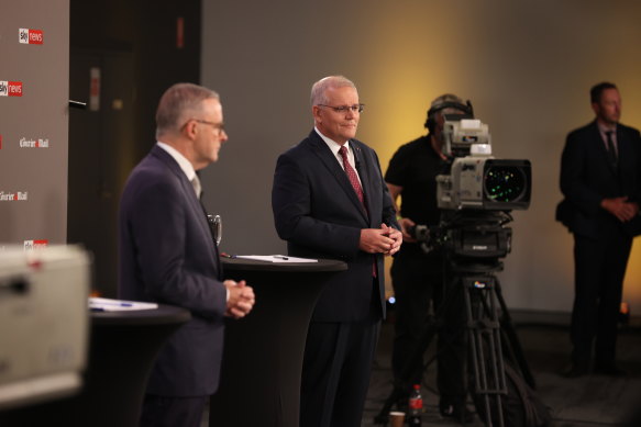 Scott Morrison and Anthony Albanese at the first debate. 