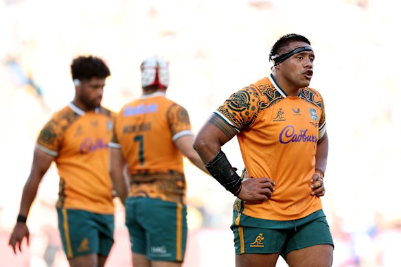 Allan Alaalatoa of the Wallabies looks on.