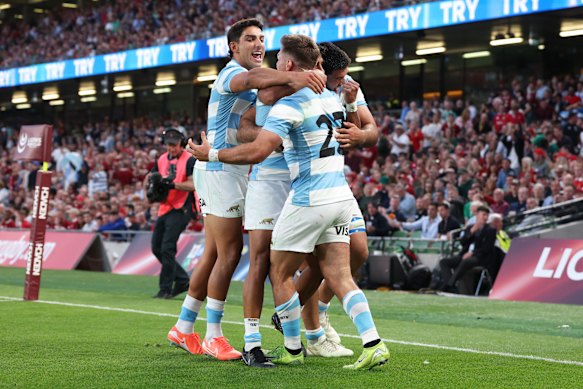 Santiago Cordero of Argentina celebrates with teammates