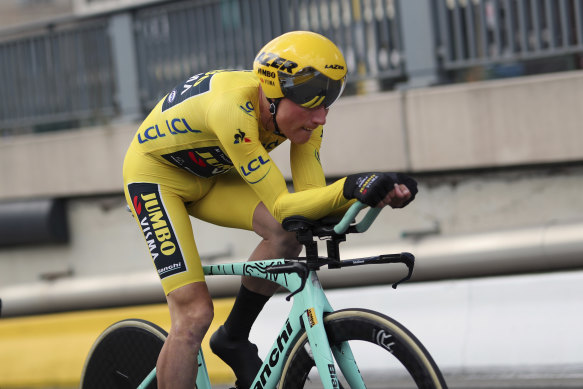 Yellow jersey Mike Teunissen during Jumbo Visma's team time trial on Sunday.
