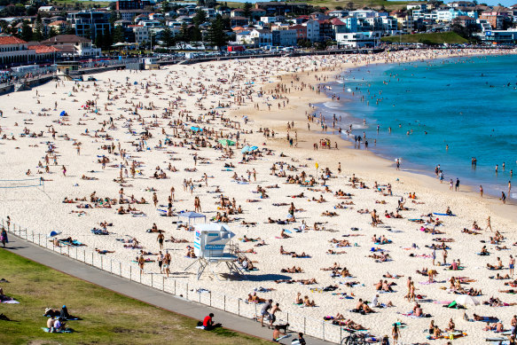 Bondi Beach was pumping with people on Sunday as Sydney’s Eastern suburbs residents made the most of their 5km radius on the 30 degree day.