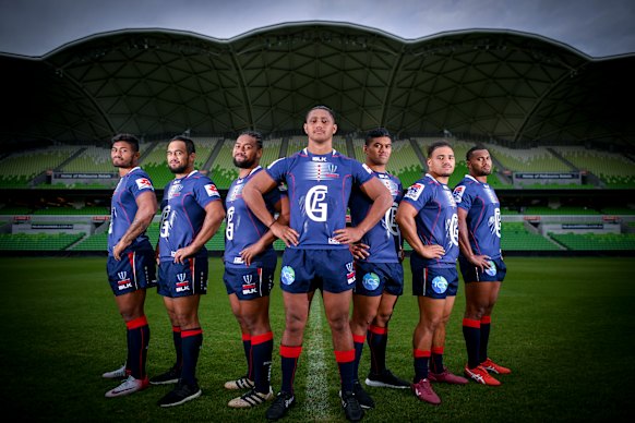 Melbourne Rebels players Amanaki Mafi, Tetera Faulkner, Fereti Sa’aga, Rob Leota, Jordan Uelese, Sione Tuipolotu and Sefa Naivalu at a sponsorship announcement in 2018.