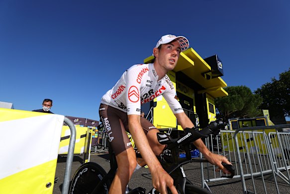 Climber: O’Connor arrives for the individual time trial stage.