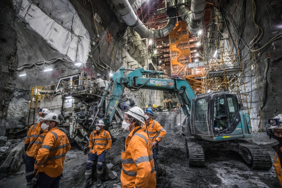 Workers inside the cavern at the  State Library station