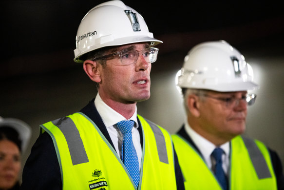 NSW Premier Dominic Perrottet and Prime Minister Scott Morrison this morning.