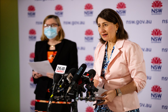 Chief Health Officer Kerry Chant and Premier Gladys Berejiklian at Sunday’s COVID-19 press conference. From Monday, the briefing will not be held daily.