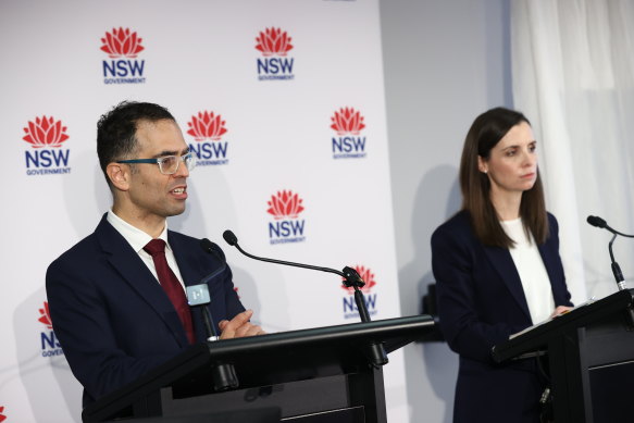 NSW Treasurer Daniel Mookhey and NSW Finance Minister Courtney Houssos during the state budget press conference on Tuesday.