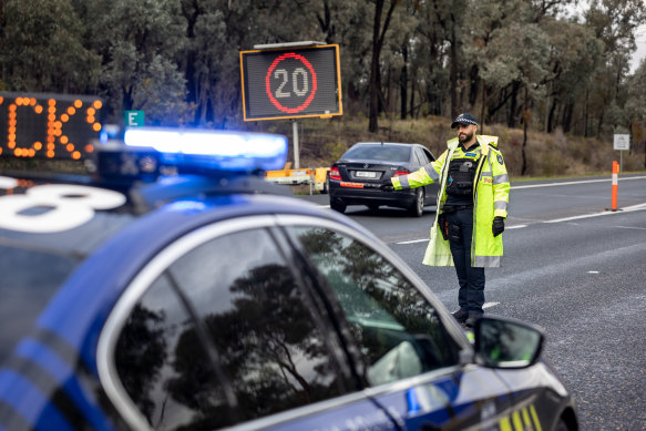 A Victoria Police checkpoint at Chiltern on the Hume Highway in July.