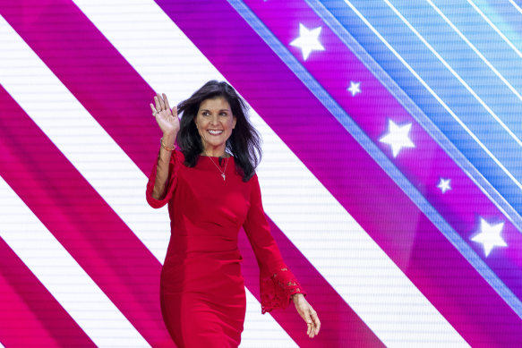 Republican presidential candidate Nikki Haley arrives to speak at the Conservative Political Action Conference,