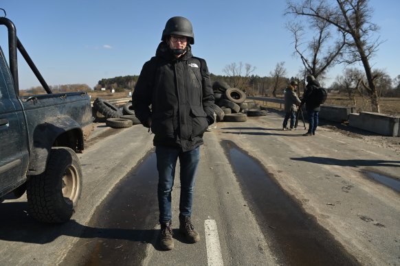 Anthony Galloway on the front line in a village east of Kyiv. 