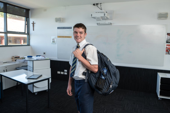 Waverley College Year 10 student Josh Barr typically carries his lunch, a water bottle, sports gear and a laptop in his school bag.