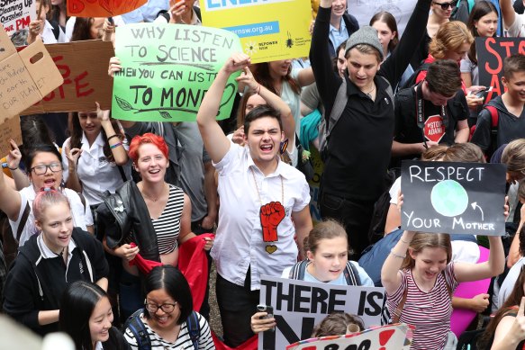 Thousands of school students from across Sydney attend the global rally at Town Hall in March.