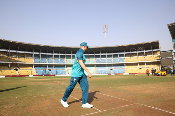 Steve Smith checks the pitch during a training session at Vidarbha Cricket Association Ground in Nagpur, India. 