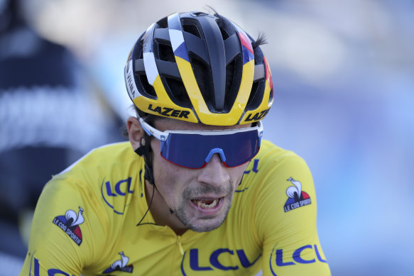 Primoz Roglic gasps at the final stage of Paris-Nice on Sunday. 