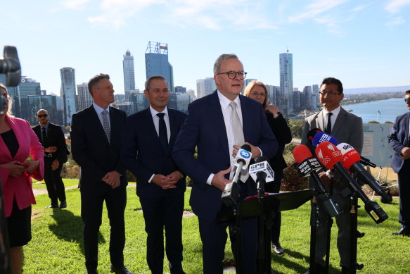 Prime Minister Anthony Albanese with WA Premier Roger Cook (second left) in Perth on Wednesday.
