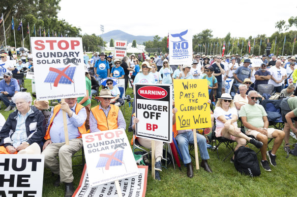 Nationals MPs spoke at an anti-renewables rally at Parliament House in Canberra on Sunday. 