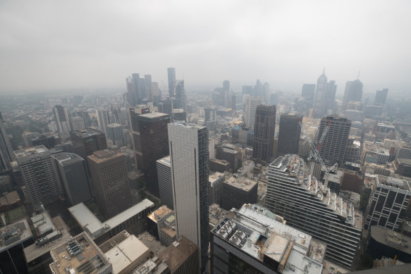 Smog over Melbourne on Friday, as seen from the Rialto tower.