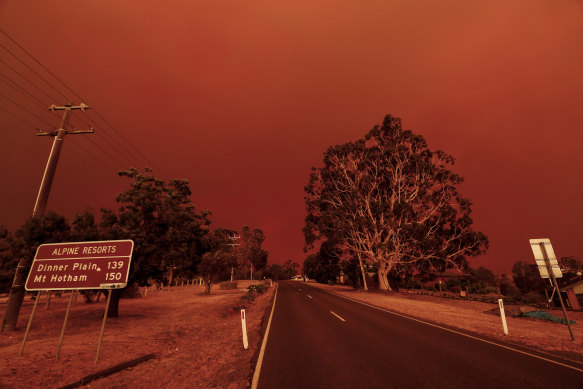 The sky turns red as fires close in on Omeo in Victoria earlier this month.