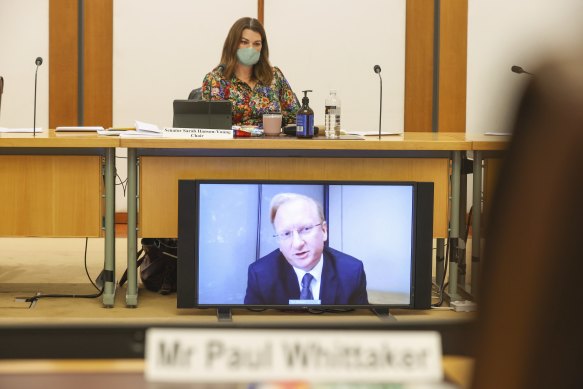 Sky News Australia chief executive Paul Whittaker addresses a federal parliamentary hearing via videoconference in 2021.