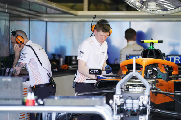 The McLaren pit at the Australian Grand Prix, before it was cancelled due to the coronavirus pandemic. 