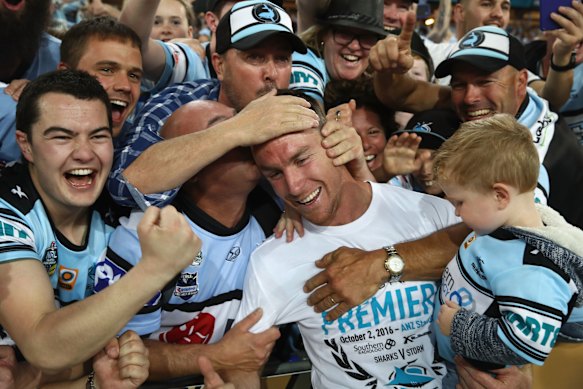 Sharks fans celebrate with James Maloney after the 2016 grand final.